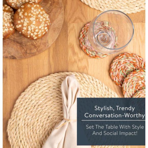 KAZI Essentials Boho Round Woven Placemats Set of 6 Natural Wicker 13" - Picture 2 of 4